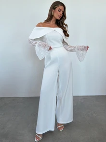 Firerie Elegantes romantisches Damen-2-teiliges Set für Dinner und Hochzeitsnacht, weiße Bluse mit Schulterfrei, Spitze, transparenten Details, ausgestellten langen Ärmeln und hochbundige Hose mit weitem Bein - Weiss - Übersicht 11