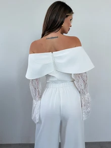 Firerie Elegantes romantisches Damen-2-teiliges Set für Dinner und Hochzeitsnacht, weiße Bluse mit Schulterfrei, Spitze, transparenten Details, ausgestellten langen Ärmeln und hochbundige Hose mit weitem Bein - Weiss - Übersicht 14