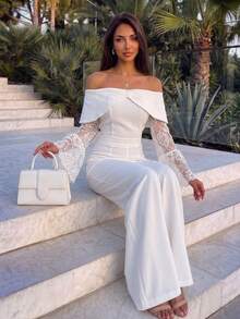 Firerie Elegantes romantisches Damen-2-teiliges Set für Dinner und Hochzeitsnacht, weiße Bluse mit Schulterfrei, Spitze, transparenten Details, ausgestellten langen Ärmeln und hochbundige Hose mit weitem Bein - Weiss - Übersicht 3