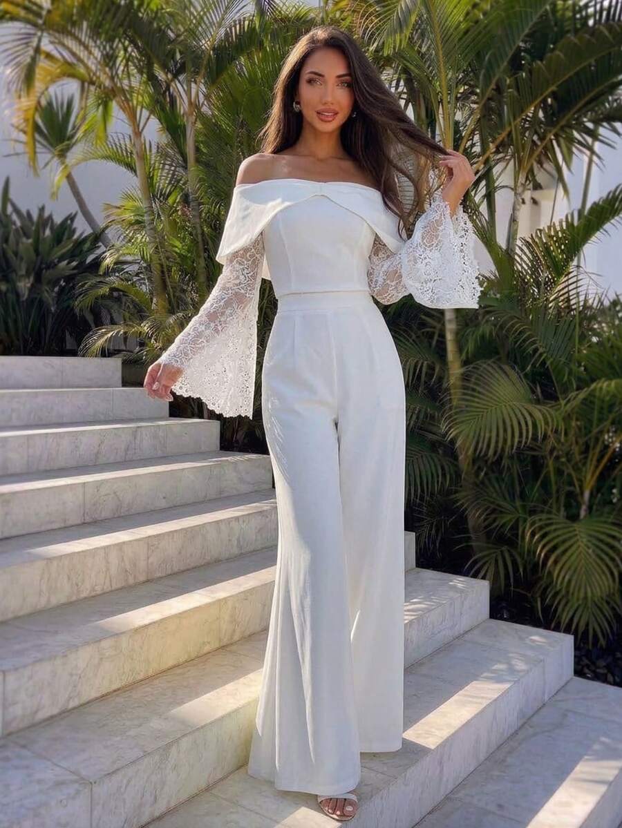 Firerie Elegantes romantisches Damen-2-teiliges Set für Dinner und Hochzeitsnacht, weiße Bluse mit Schulterfrei, Spitze, transparenten Details, ausgestellten langen Ärmeln und hochbundige Hose mit weitem Bein