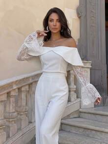 Firerie Elegantes romantisches Damen-2-teiliges Set für Dinner und Hochzeitsnacht, weiße Bluse mit Schulterfrei, Spitze, transparenten Details, ausgestellten langen Ärmeln und hochbundige Hose mit weitem Bein - Weiss - Übersicht 5