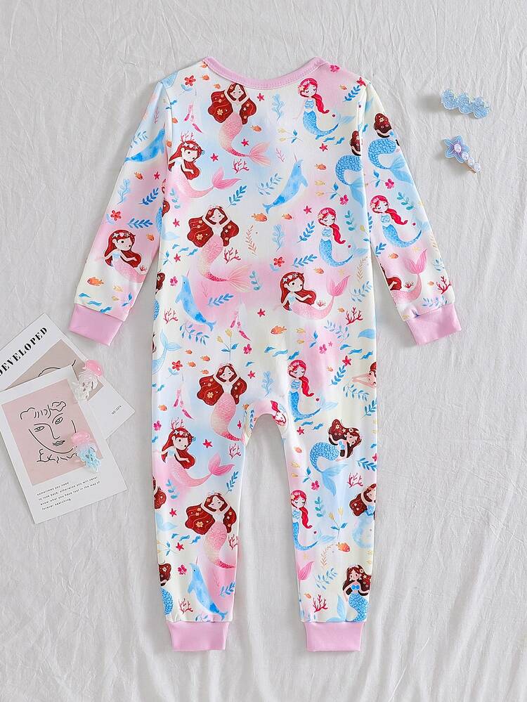 SHEIN Tight Fit Pajamas For Baby Girls, Long Sleeve Long Pants Style, Sweet Elegant Cute Mermaid Ocean Animal And Plant Pattern Printed Fabric, Comfortable For Girls' Daily Home Wear, Tight Fit Loungewear - Multicolor - View 2