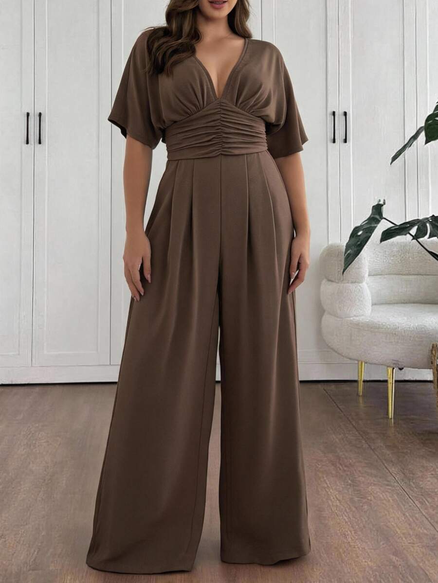 Vionelle Plus Size Women Elegant Wedding Solid Color Ruched Waist Jumpsuit, Spring Summer Tea Party Evening Cocktail Chocolate Brown - Coffee Brown - View 1