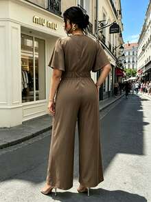 Vionelle Plus Size Women Elegant Wedding Solid Color Ruched Waist Jumpsuit, Spring Summer Tea Party Evening Cocktail Chocolate Brown - Coffee Brown - View 2