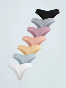 Softvol 7 PCS Women's Cotton Thongs Sexy Briefs Plain Color Ribbed Panties Comfortable And Breathable Underwear - Multicolor - View 3