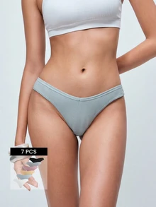Softvol 7 PCS Women's Cotton Thongs Sexy Briefs Plain Color Ribbed Panties Comfortable And Breathable Underwear - Multicolor - View 1