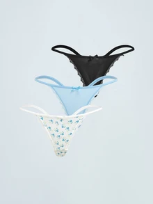 Softvol 3pcs/Set Women's Lace Patchwork Floral Thong Panties - Multicolor - View 2