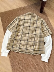 SWAVVY Men's Plaid Long Sleeve 2 In 1 Shirt, Suitable For Autumn - Khaki - View 2