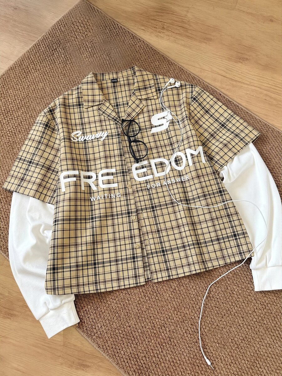 SWAVVY Men's Plaid Long Sleeve 2 In 1 Shirt, Suitable For Autumn - Khaki - View 1