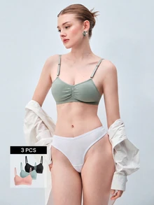 Softvol 3pcs/Set Non-Wired Solid Color Pleated Camisole Bra Sets - Multicolor - View 1