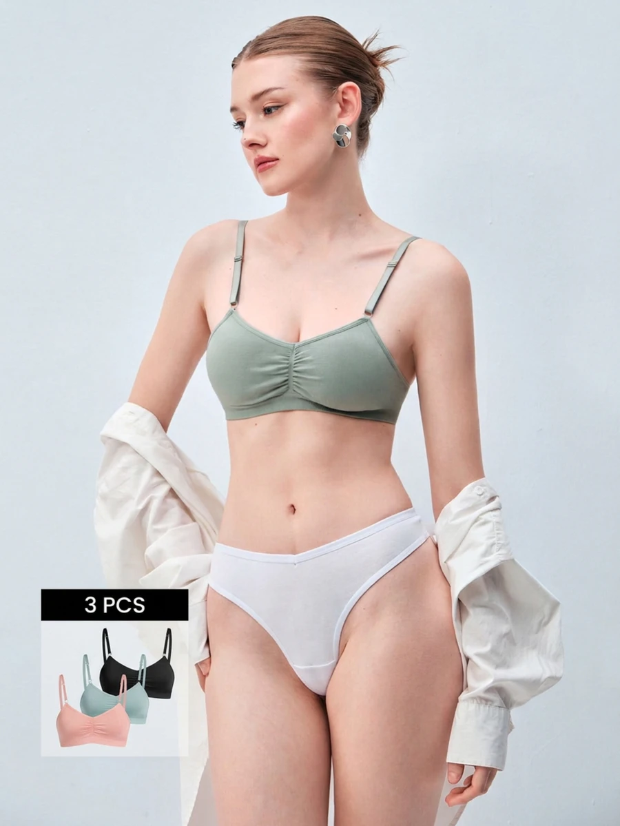 Softvol 3pcs/Set Non-Wired Solid Color Pleated Camisole Bra Sets - Multicolor - View 1