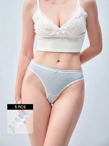 Softvol 5条装可爱印花性感蝴蝶结蕾丝白色女士内裤，透气弹力休闲运动内裤，丁字裤，夏季舒适 - 彩色 - 查看 1