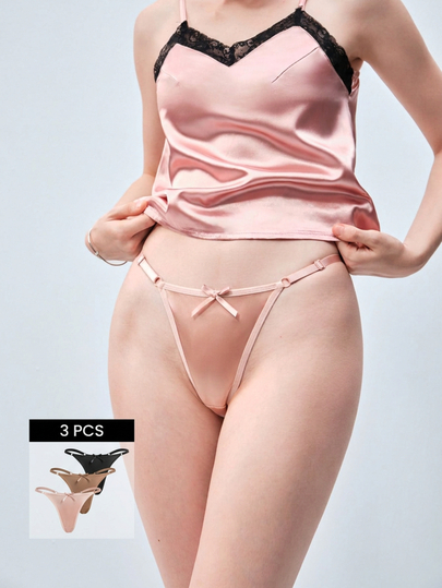 Softvol 3 piezas Bragas de satín ajustables para damas, tanga sexy de cintura baja con moño