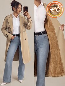 SHEIN PETITE Mantel Trench Wanita Warna Khaki Kasual dengan Bagian Depan Terbuka dan Dekorasi Gaya Kolegiat - Khaki - View 4