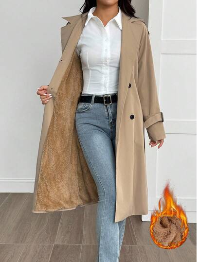 SHEIN PETITE Mantel Trench Wanita Warna Khaki Kasual dengan Bagian Depan Terbuka dan Dekorasi Gaya Kolegiat