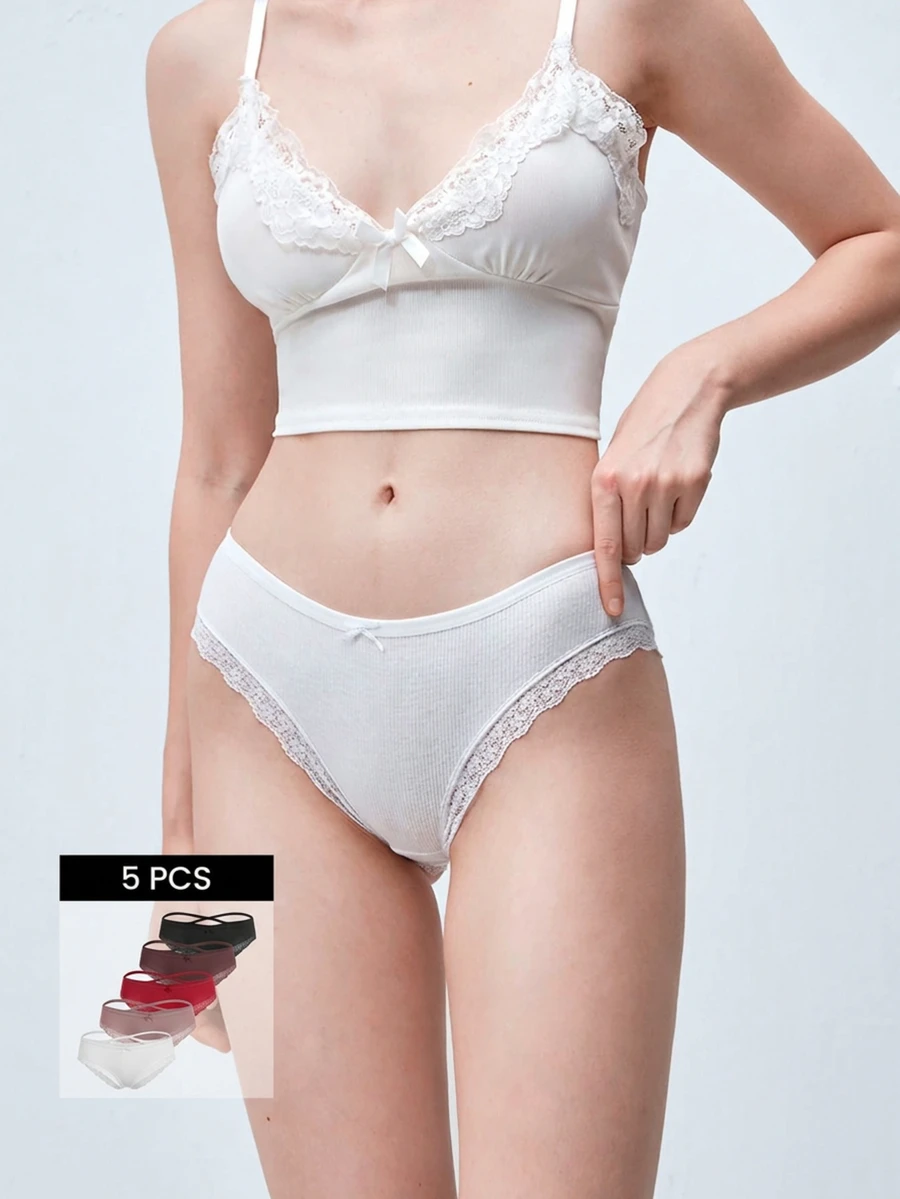 Softvol 5件套女士蕾丝拼接舒适透气蝴蝶结装饰内裤套装,柔软弹力休闲内衣 - 彩色 - 查看 1