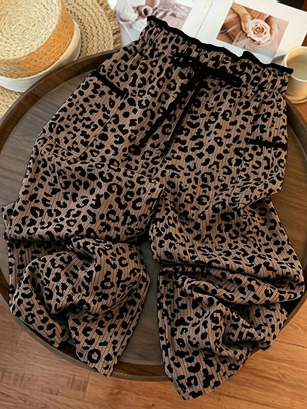 Balvessa Women's Leopard Print High Waist Pocket Detail Straight Leg Pants,Autumn