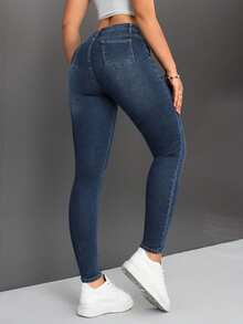 SHEIN PETITE Women's High Waist Skinny Jeans ,Petite Women - Dark Wash - View 2