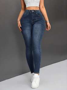 SHEIN PETITE Women's High Waist Skinny Jeans ,Petite Women - Dark Wash - View 4