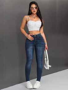 SHEIN PETITE Women's High Waist Skinny Jeans ,Petite Women - Dark Wash - View 5