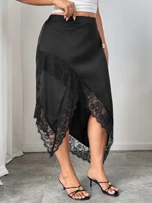 SHEIN LUNE CURVE Plus Size Women's Elegant 70's Sexy Satin Lace Patchwork Asymmetrical Hem Skirt Spring Summer Birthday Date Night Girls Party Dinner Black - Black - View 6