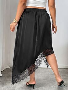 SHEIN LUNE CURVE Plus Size Women's Elegant 70's Sexy Satin Lace Patchwork Asymmetrical Hem Skirt Spring Summer Birthday Date Night Girls Party Dinner Black - Black - View 3