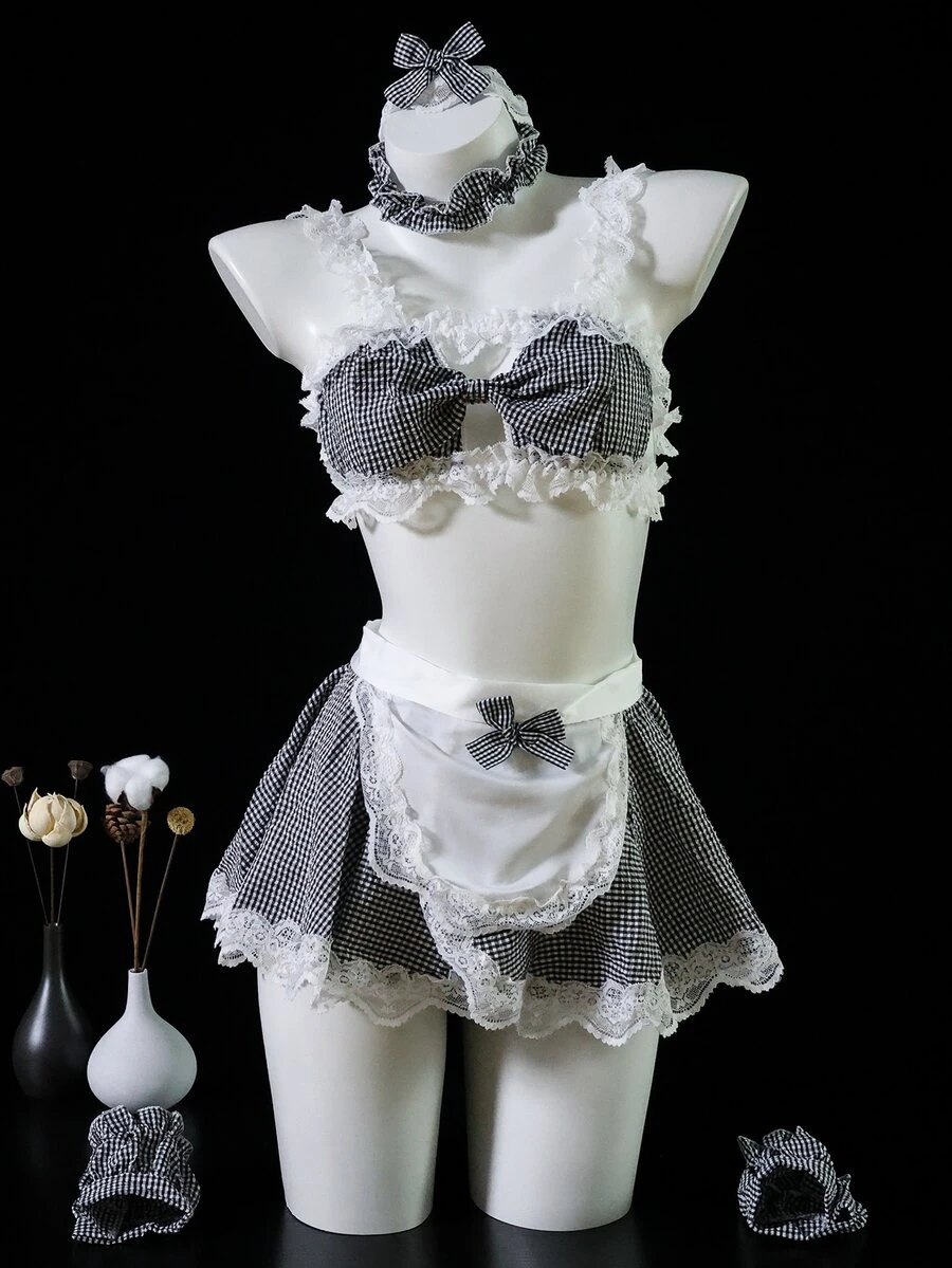Dansine 2026 Spring/Summer New Sexy Maid Lingerie Set, Sexy Style Hot Maid Uniform, Lace Hollow Out Tempting Sleepwear - Black - View 1