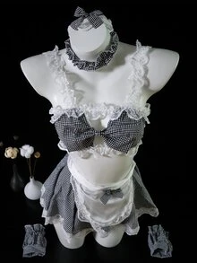 Dansine 2026 Spring/Summer New Sexy Maid Lingerie Set, Sexy Style Hot Maid Uniform, Lace Hollow Out Tempting Sleepwear - Black - View 4