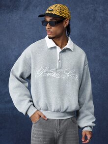 PAVTROS Men's Minimalist Vintage Script Loose Fit Polo Sweatshirt, American Retro Collegiate Style, Cleanfit Casual Pullover, Light Commute, Versatile Everyday Wear, Unisex Couple Outfit, Holiday Gift - Grey - View 6