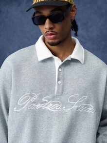 PAVTROS Men's Minimalist Vintage Script Loose Fit Polo Sweatshirt, American Retro Collegiate Style, Cleanfit Casual Pullover, Light Commute, Versatile Everyday Wear, Unisex Couple Outfit, Holiday Gift - Grey - View 7