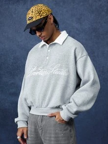 PAVTROS Men's Minimalist Vintage Script Loose Fit Polo Sweatshirt, American Retro Collegiate Style, Cleanfit Casual Pullover, Light Commute, Versatile Everyday Wear, Unisex Couple Outfit, Holiday Gift - Grey - View 5