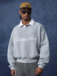 PAVTROS Men's Minimalist Vintage Script Loose Fit Polo Sweatshirt, American Retro Collegiate Style, Cleanfit Casual Pullover, Light Commute, Versatile Everyday Wear, Unisex Couple Outfit, Holiday Gift - Grey - View 3