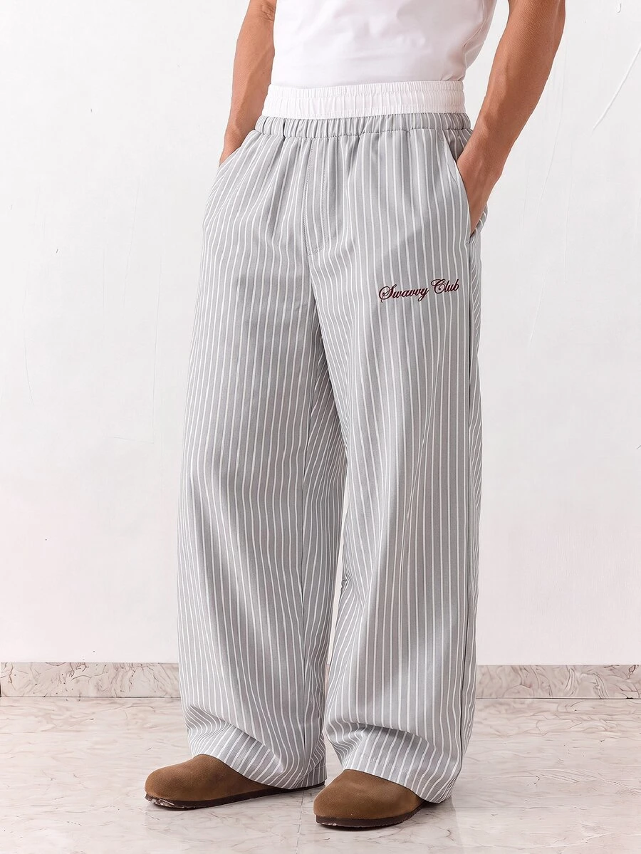 SWAVVY Men's Woven Fashion Casual Loose Straight Leg Pants With Striped Patchwork Waistband - Grey - View 1