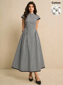 Poéselle 女款格紋百褶休閒派對旅行長洋裝，法式風格女裝 - 黑與白 - 查看 1