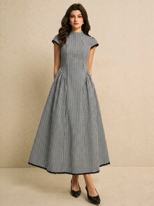 Poéselle 女款格紋百褶休閒派對旅行長洋裝，法式風格女裝 - 黑與白 - 查看 7