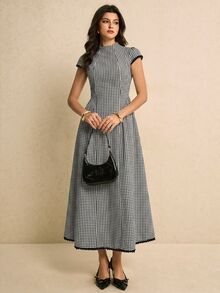 Poéselle 女款格紋百褶休閒派對旅行長洋裝，法式風格女裝 - 黑與白 - 查看 4