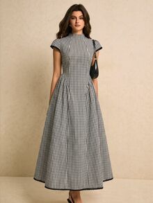 Poéselle 女款格紋百褶休閒派對旅行長洋裝，法式風格女裝 - 黑與白 - 查看 5