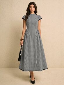 Poéselle 女款格紋百褶休閒派對旅行長洋裝，法式風格女裝 - 黑與白 - 查看 6