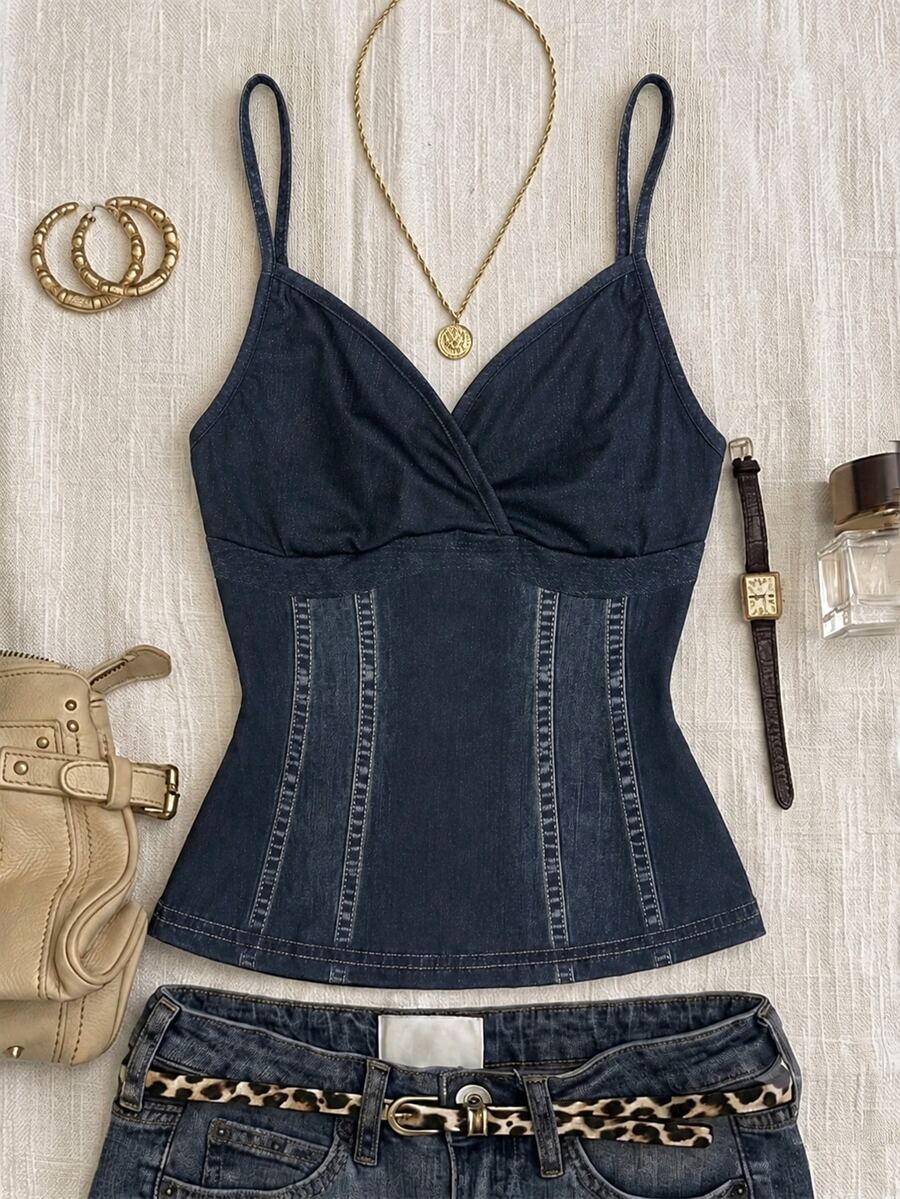 Teen Girl Fashion Street Style Streetwear Y2k Denim Effect Print Camisole Navy Summer - White - View 1