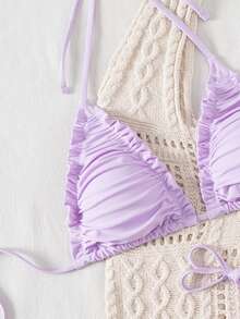 SHEIN Swim 2 件纯色露背三角荷叶边性感优雅比基尼套装，适合女士，适合海滩、泳池、派对、夏季 - 紫色 - 查看 5