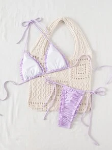 SHEIN Swim 2 件纯色露背三角荷叶边性感优雅比基尼套装，适合女士，适合海滩、泳池、派对、夏季 - 紫色 - 查看 2