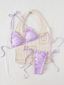 SHEIN Swim 2 件纯色露背三角荷叶边性感优雅比基尼套装，适合女士，适合海滩、泳池、派对、夏季 - 紫色 - 查看 4