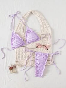 SHEIN Swim 2 件纯色露背三角荷叶边性感优雅比基尼套装，适合女士，适合海滩、泳池、派对、夏季 - 紫色 - 查看 1