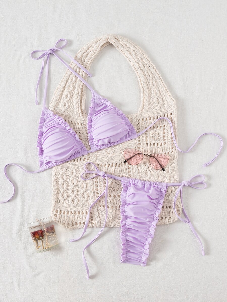 SHEIN Swim 2 件纯色露背三角荷叶边性感优雅比基尼套装,适合女士,适合海滩、泳池、派对、夏季 - 紫色 - 查看 1