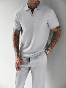 Manfinity CasualCool 男士休閒通勤 Polo 衫與長褲套裝 - 灰色 - 查看 6