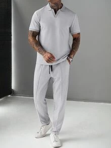 Manfinity CasualCool 男士休閒通勤 Polo 衫與長褲套裝 - 灰色 - 查看 3