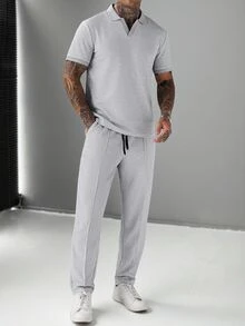 Manfinity CasualCool 男士休閒通勤 Polo 衫與長褲套裝 - 灰色 - 查看 5