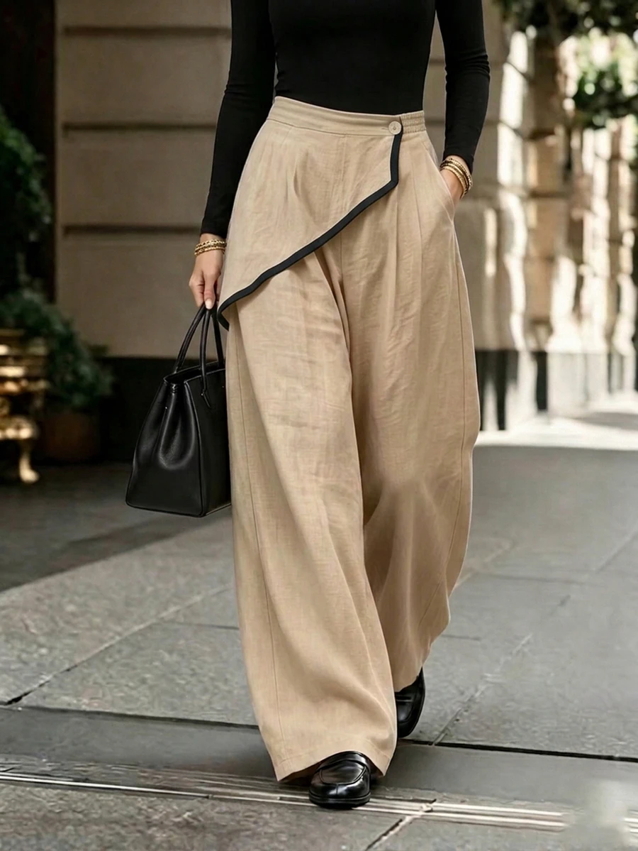 Penseblé Women's Black And White Checkered Colorblock Wide Leg Pants With Waistband Trim Front Waist Patch Decorative Buckle Back Elastic Waist Fall - Apricot - View 1