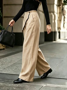Penseblé Women's Black And White Checkered Colorblock Wide Leg Pants With Waistband Trim Front Waist Patch Decorative Buckle Back Elastic Waist Fall - Apricot - View 4
