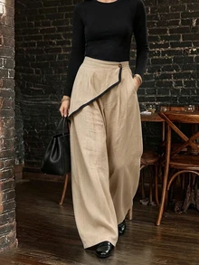 Penseblé Women's Black And White Checkered Colorblock Wide Leg Pants With Waistband Trim Front Waist Patch Decorative Buckle Back Elastic Waist Fall - Apricot - View 3